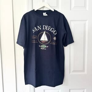Cal Cru Vintage Deadstock Navy Blue Textured San Diego Boat Nautical Shirt Large